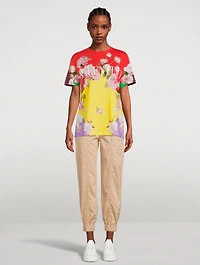Cotton Jersey T-Shirt Flying Flowers Print