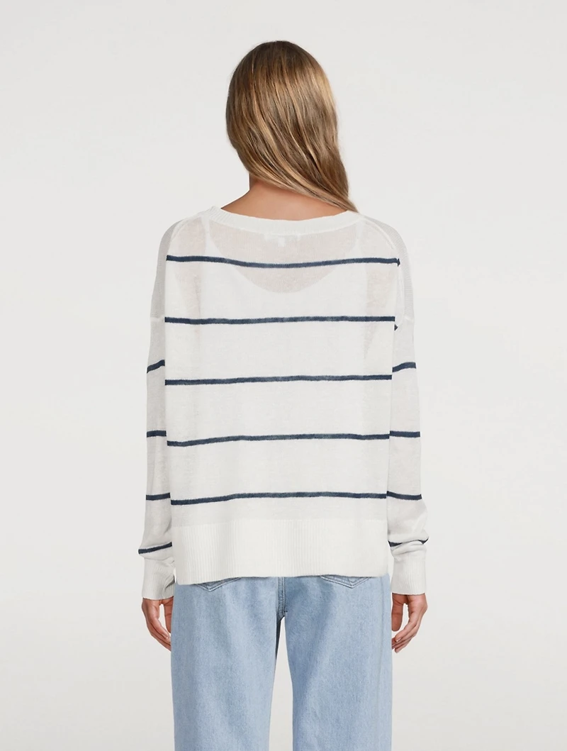 Linen Crewneck Sweater Striped Print