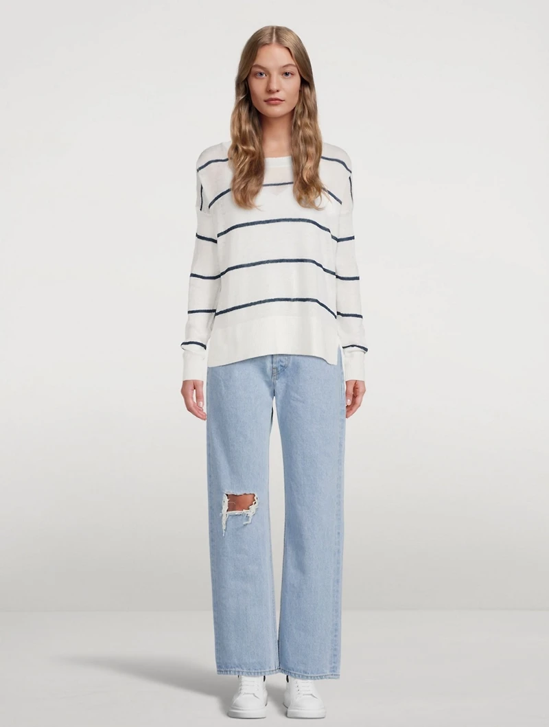 Linen Crewneck Sweater Striped Print