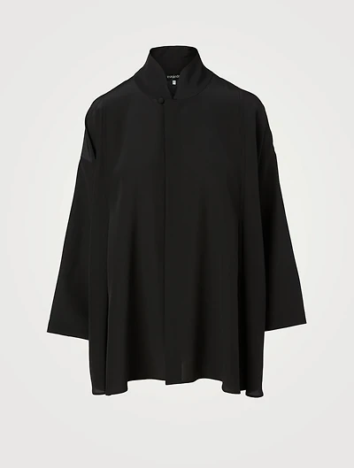 Silk Long Swing Shirt With Pleated Shoulder