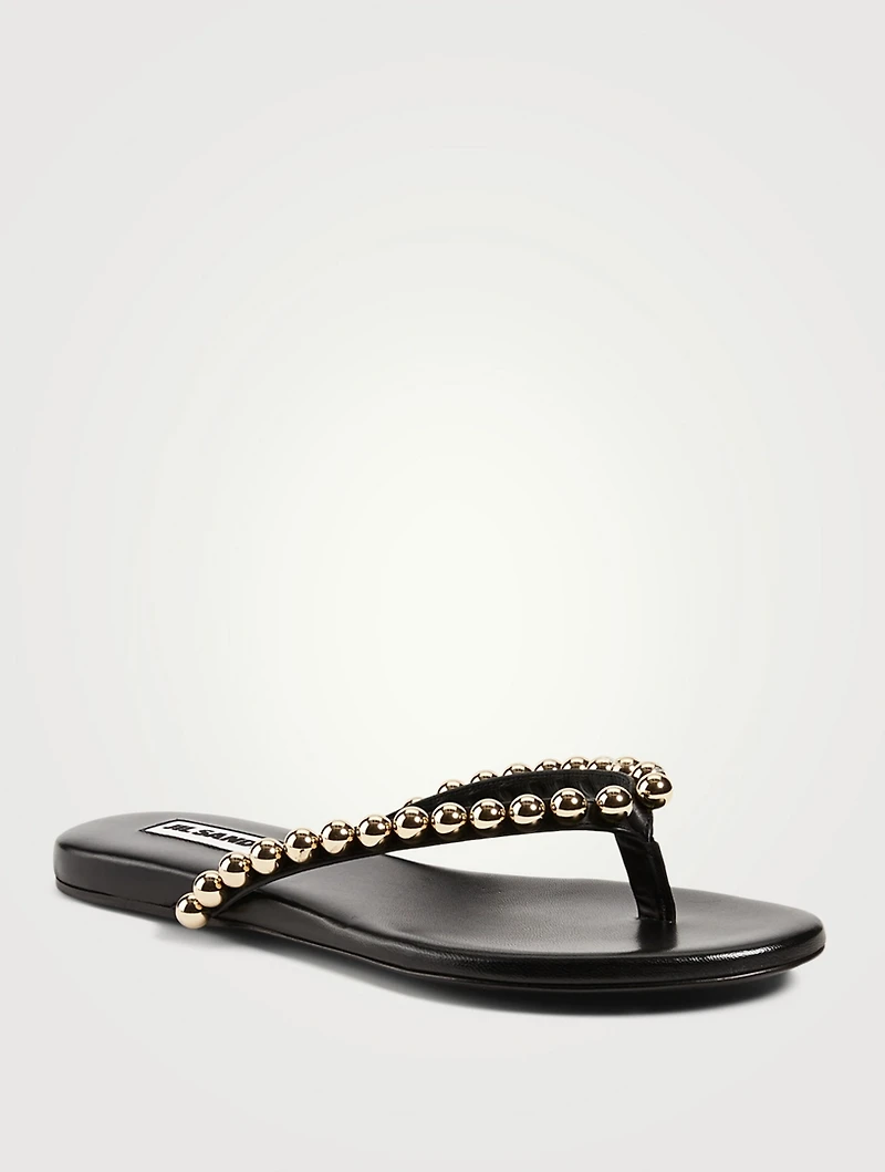 Leather Thong Sandals With Metal Pearls