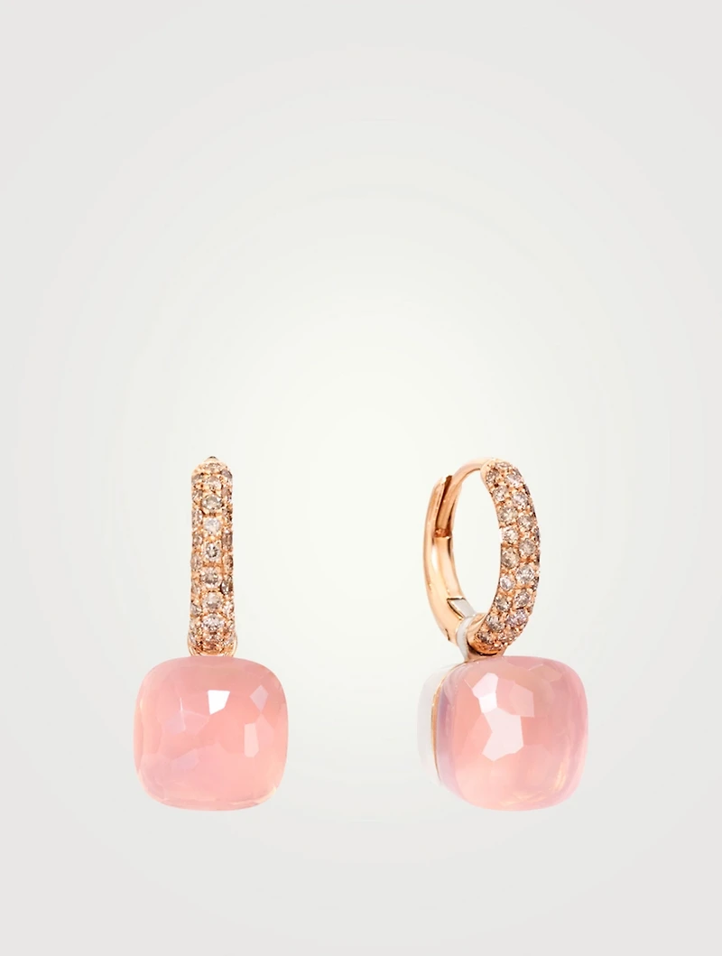 Classic Nudo 18K Rose And White Gold Earrings With Rose Quartz, Chalcedony And Diamonds