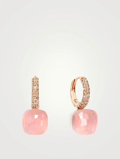 Classic Nudo 18K Rose And White Gold Earrings With Rose Quartz, Chalcedony And Diamonds