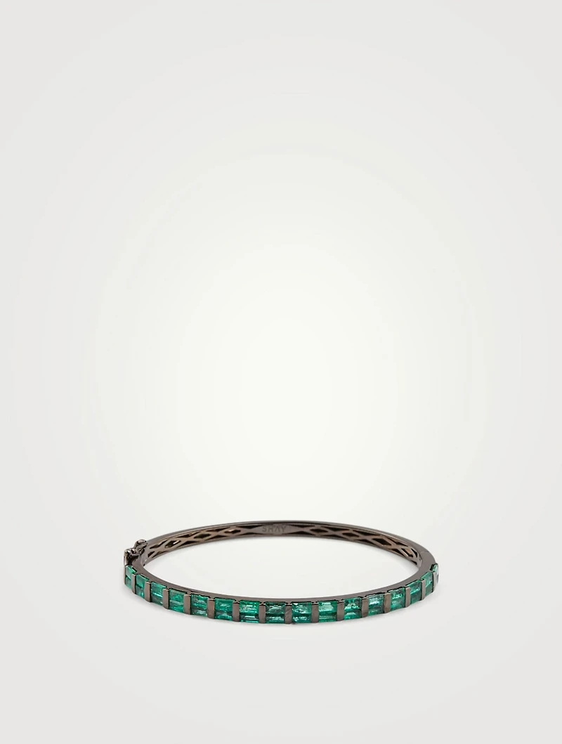 18K Black Gold Half Baguette Bangle Bracelet With Emeralds