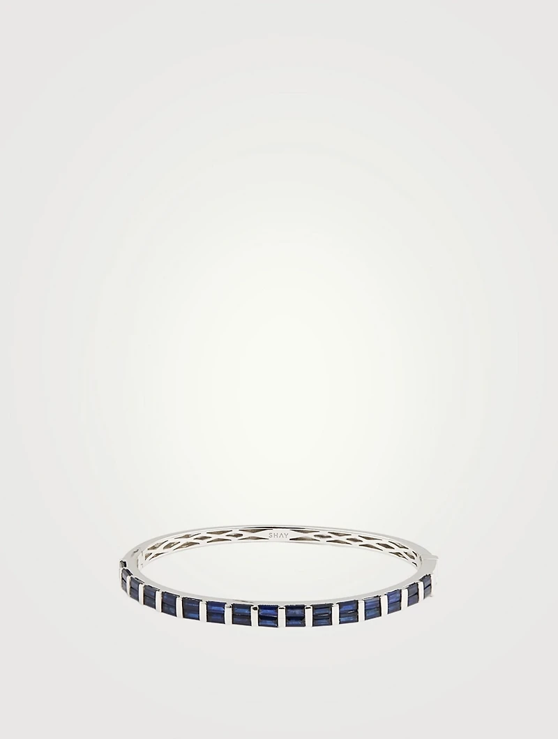 18K White Gold Half Baguette Bangle Bracelet With Blue Sapphire