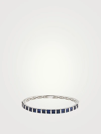 18K White Gold Half Baguette Bangle Bracelet With Blue Sapphire