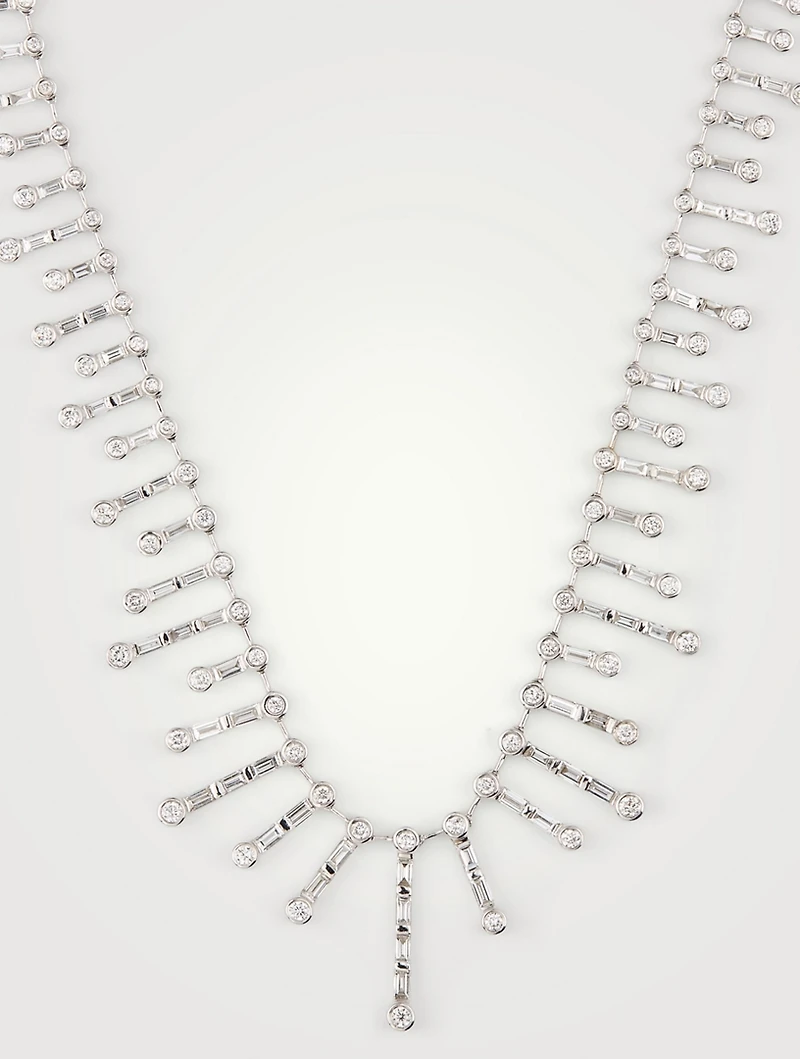 18K White Gold Fishbone Necklace With Diamonds