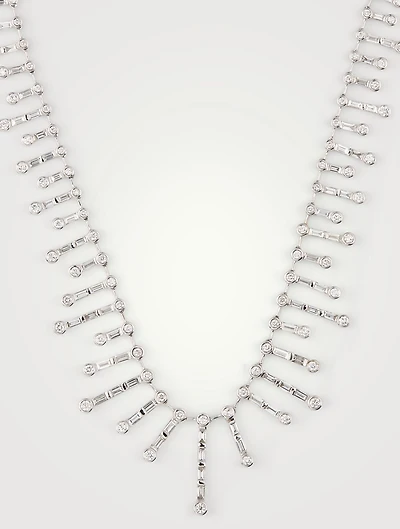 18K White Gold Fishbone Necklace With Diamonds