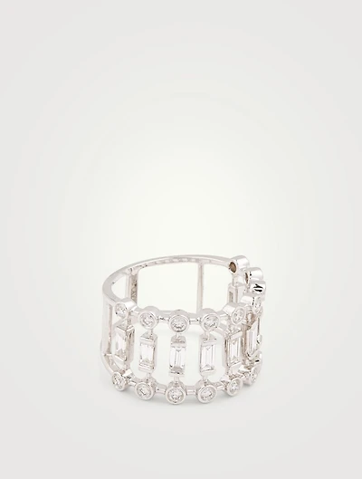 18K White Gold Dot Dash Ring With Diamonds