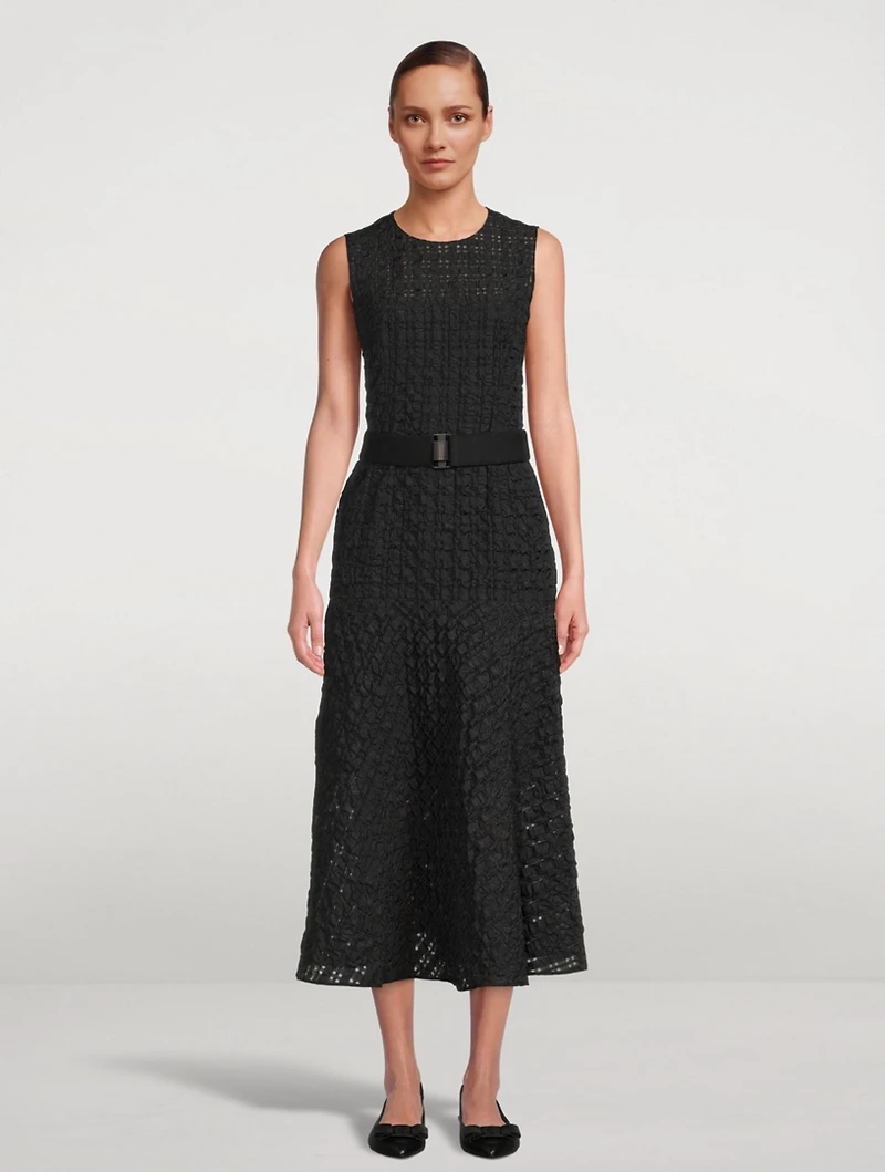Seersucker Organza Midi Dress With Belt