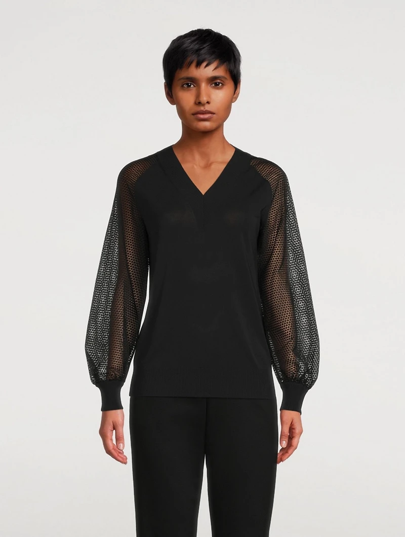 V-Neck Blouse With Sheer Sleeve