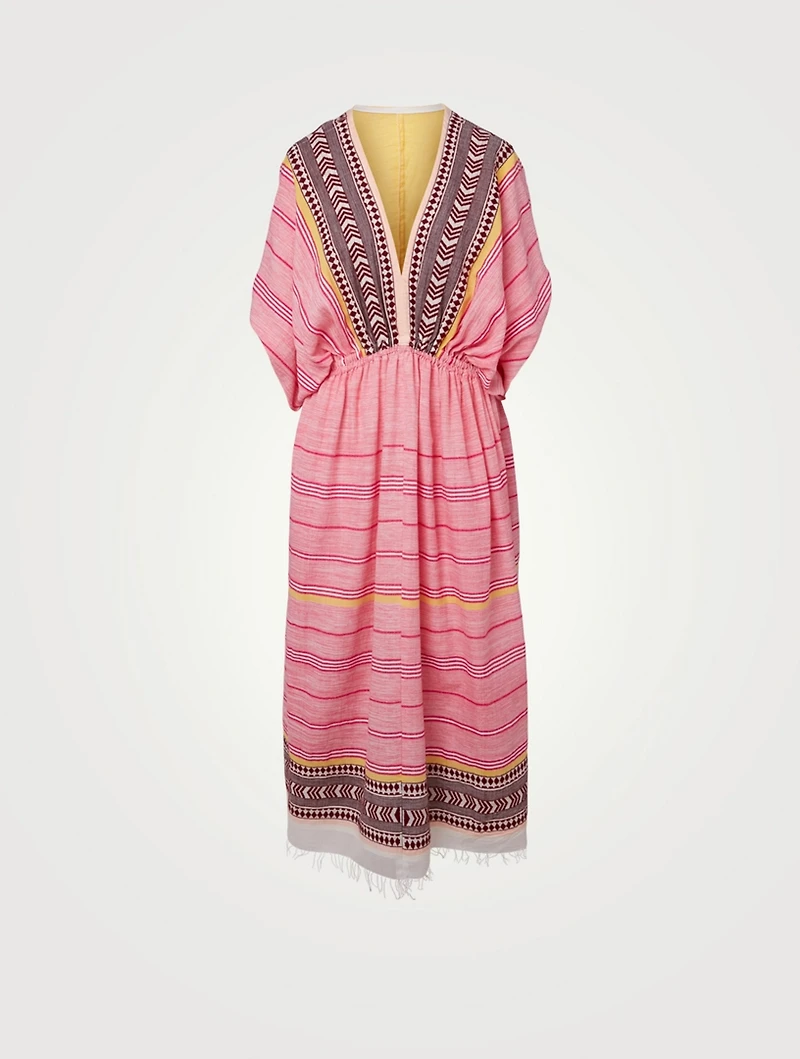 Neela Cotton Plunge Neck Midi Dress Striped Print