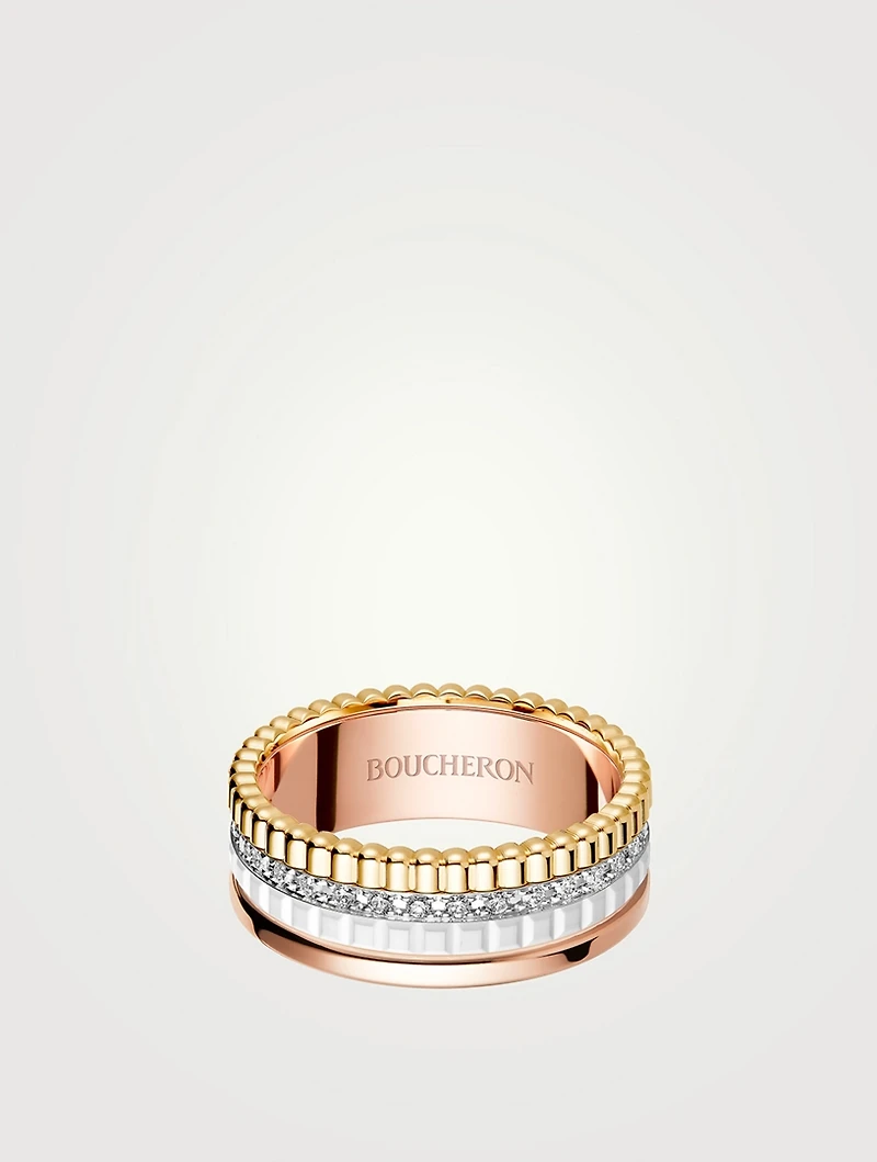 Small White Edition Quatre Gold Ring With Ceramic And Diamonds
