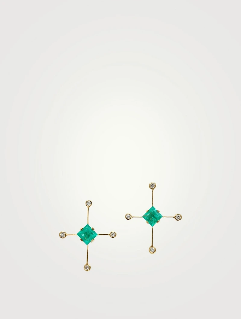 18K Gold Supernova Earrings With Emerald And Diamonds
