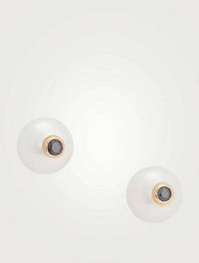 14K Gold Pearl Stud Earrings With Black Diamonds