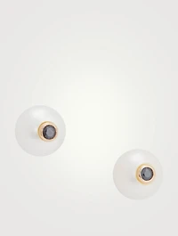 14K Gold Pearl Stud Earrings With Black Diamonds