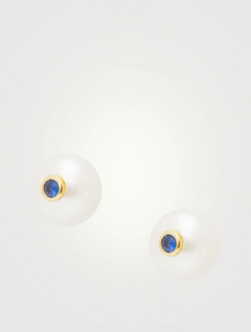 14K Gold Pearl Stud Earrings With Blue Sapphire