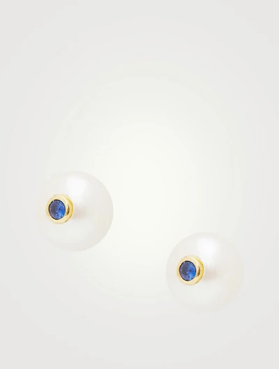 14K Gold Pearl Stud Earrings With Blue Sapphire
