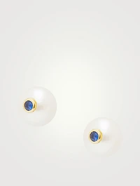 14K Gold Pearl Stud Earrings With Blue Sapphire