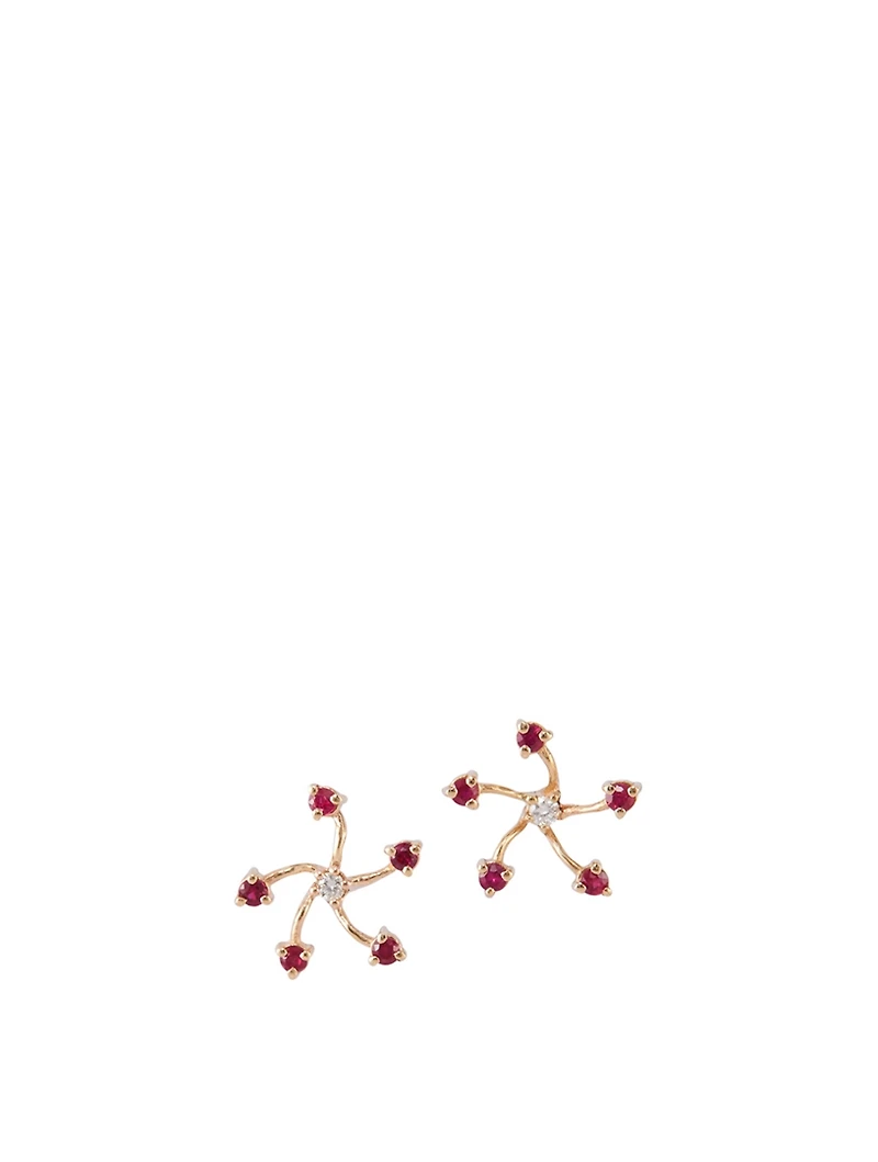 14K Gold Fire Flower Earrings With Rubies And Diamonds