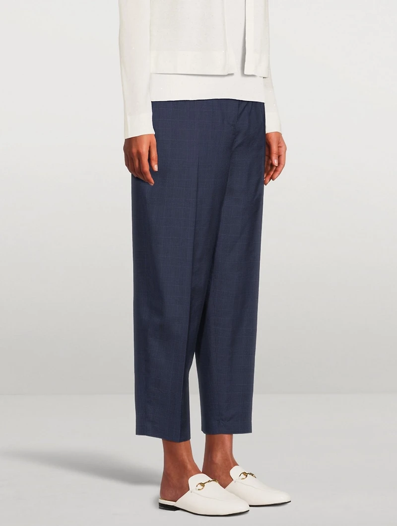 Silk High-Waisted Pants Plaid Print