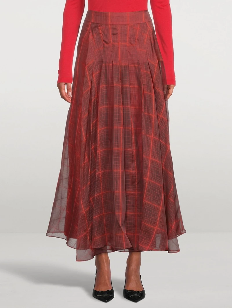 Silk Organza Pleated Long Skirt Plaid Print