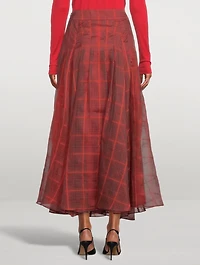 Silk Organza Pleated Long Skirt Plaid Print