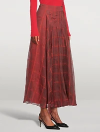 Silk Organza Pleated Long Skirt Plaid Print