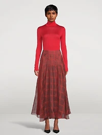 Silk Organza Pleated Long Skirt Plaid Print