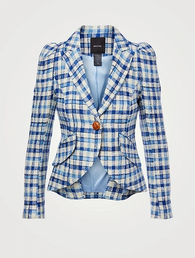 Linen-Blend Pouf-Sleeve Blazer Check Print
