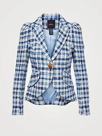Linen-Blend Pouf-Sleeve Blazer Check Print
