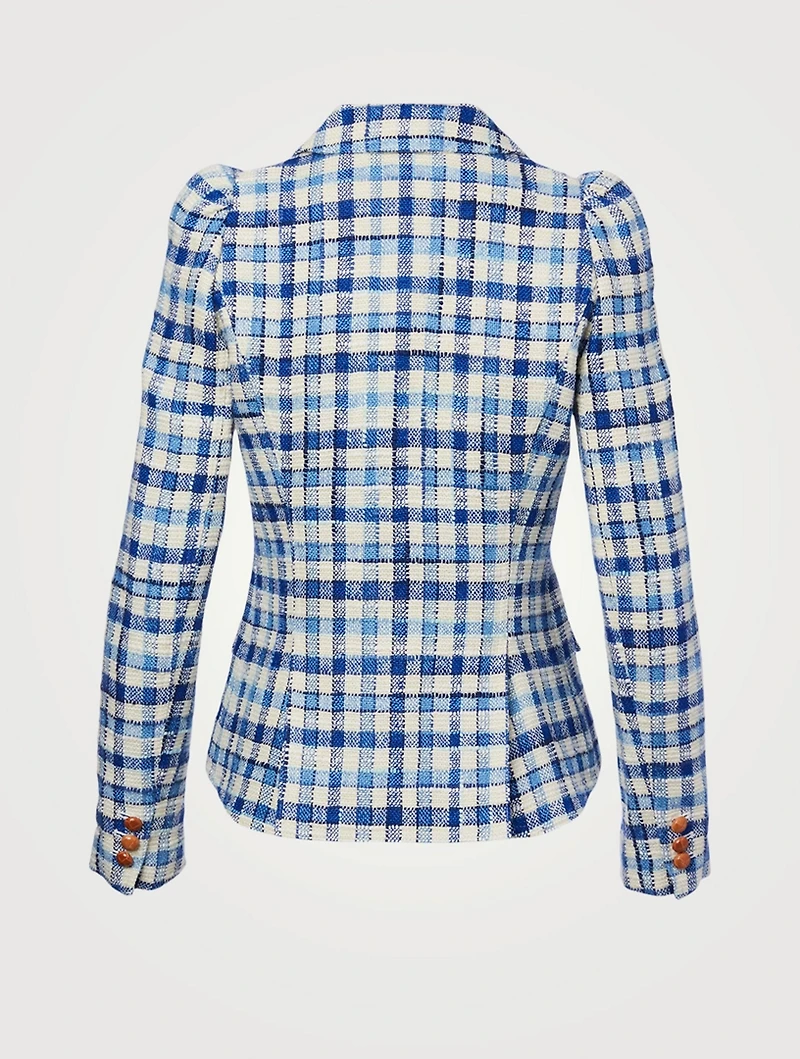 Linen-Blend Pouf-Sleeve Blazer Check Print