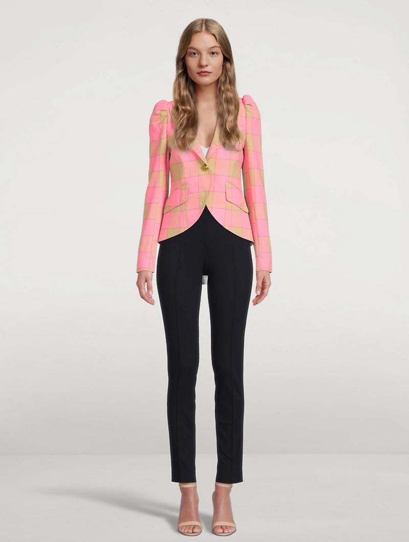 Pouf-Sleeve Blazer Check Print