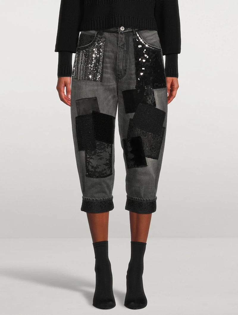 Denim Patchwork Cropped Jeans