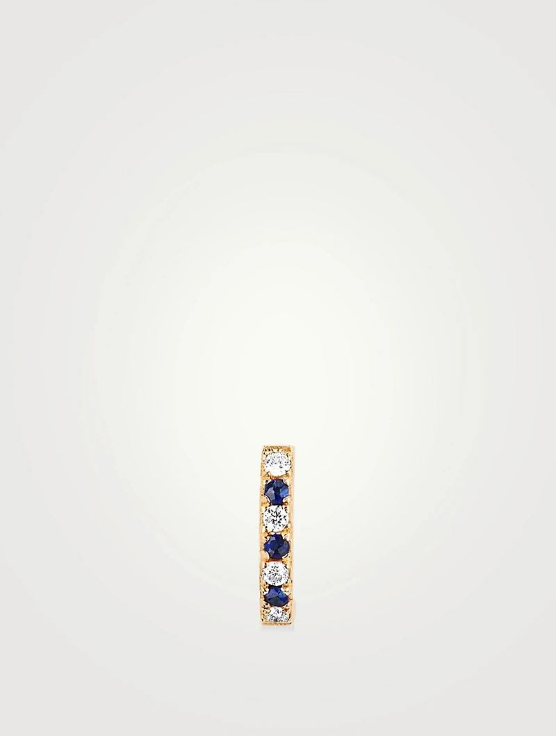 Mini 14K Gold Huggie Hoop Earring With Diamonds And Sapphire