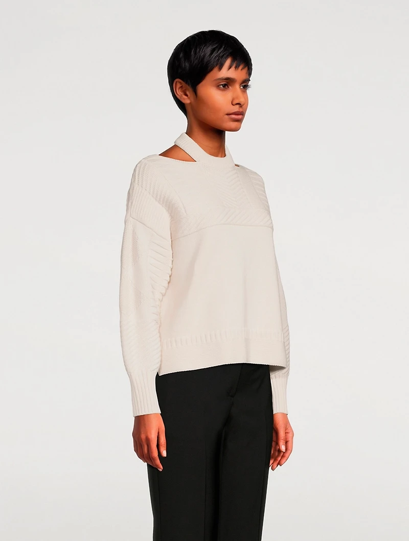 Wool-Blend Knit Open-Shoulder Crewneck Sweater