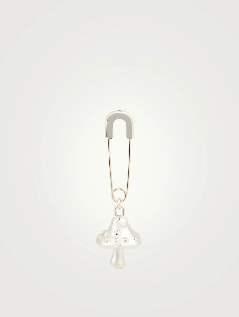 Sterling Silver Safety Pin Mushroom Charm Earring