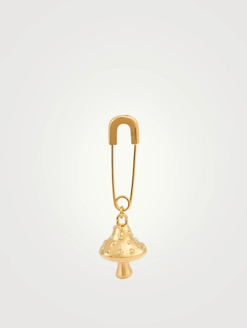 18K Goldplated Safety Pin Mushroom Charm Earring
