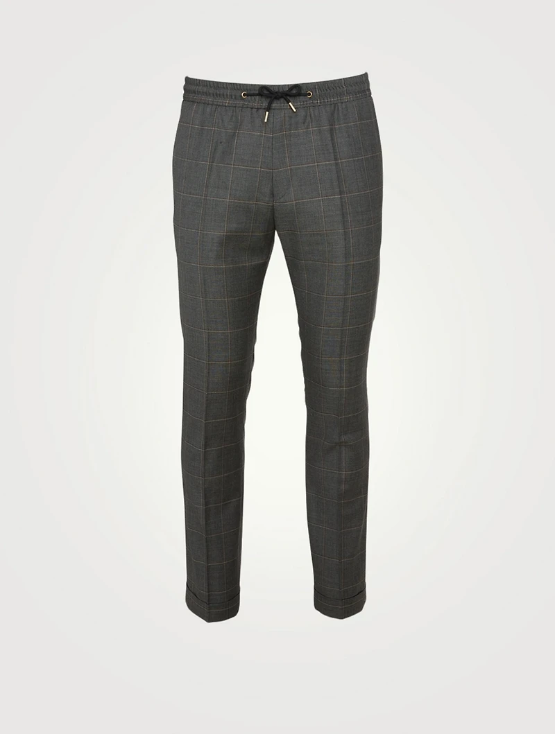 Wool Drawstring Pants Windowpane Print