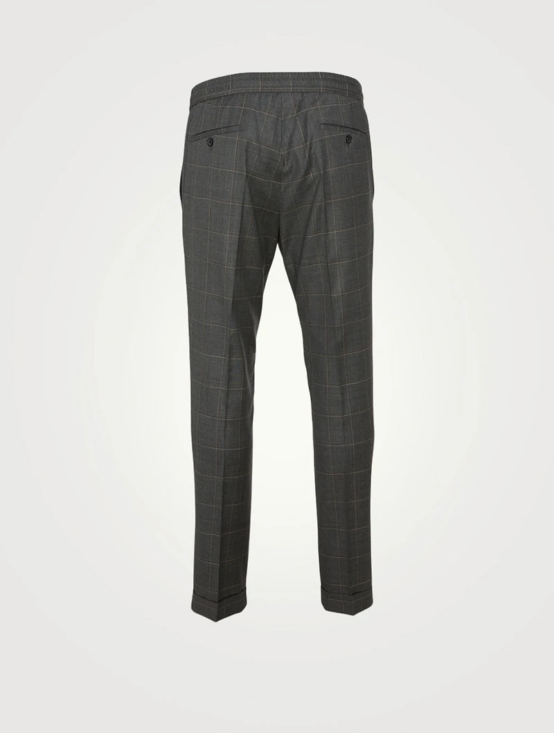 Wool Drawstring Pants Windowpane Print
