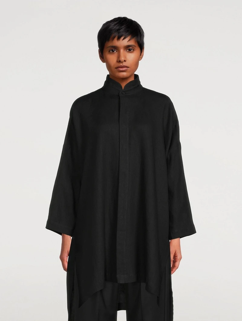 Linen Double Stand Collar Long Shirt