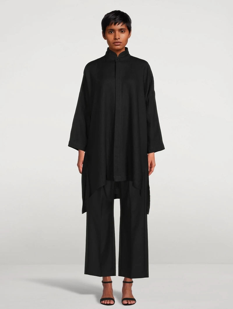 Linen Double Stand Collar Long Shirt