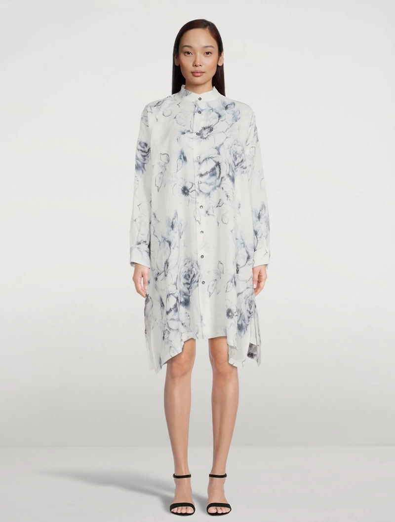 Linen Collarless Shirt Dress Floral Print