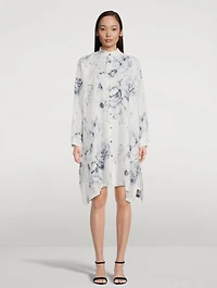 Linen Collarless Shirt Dress Floral Print