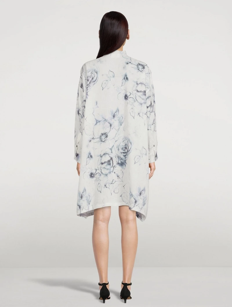 Linen Collarless Shirt Dress Floral Print