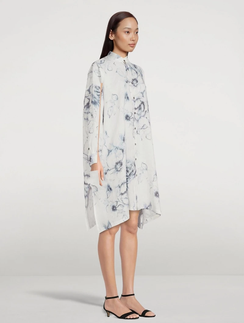 Linen Collarless Shirt Dress Floral Print