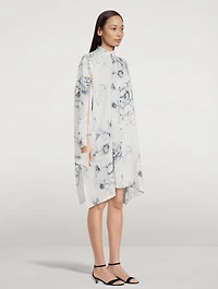 Linen Collarless Shirt Dress Floral Print