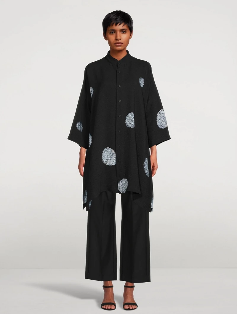 Silk Collarless Shirt With Shibori Disc Detail