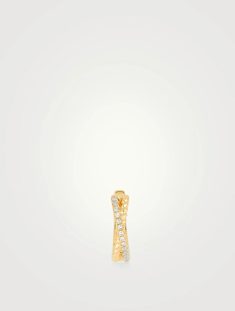 14K Gold Interlocking Twist Huggie Hoop Earring With Diamonds