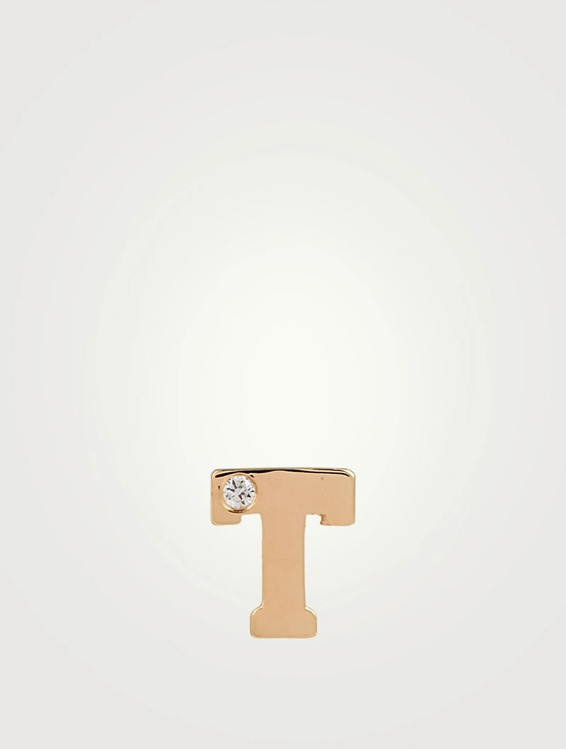 Love Letter 14K Gold T Initial Stud Earring With Diamond